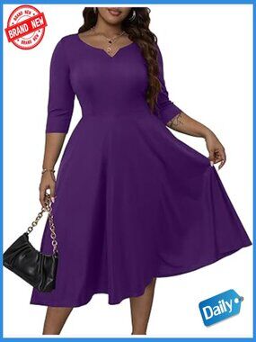 Plus Size Fit and Flare A-Line Swing Dress 3/4 Sleeve Midi Church Wedding